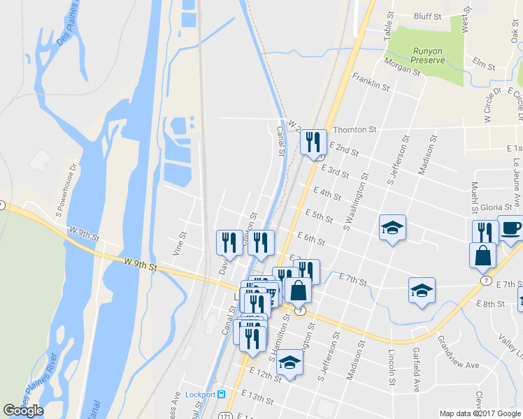 map of restaurants, bars, coffee shops, grocery stores, and more near 514 Clinton Street in Lockport