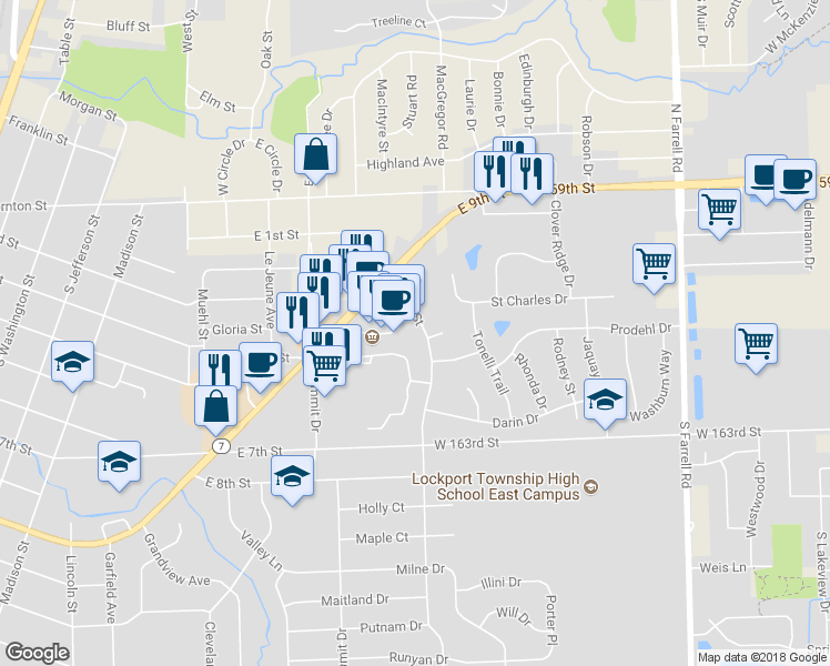 map of restaurants, bars, coffee shops, grocery stores, and more near 403 Read Street in Lockport