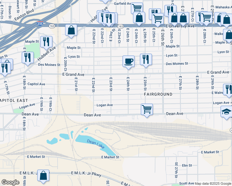 map of restaurants, bars, coffee shops, grocery stores, and more near 2312 East Walnut Street in Des Moines