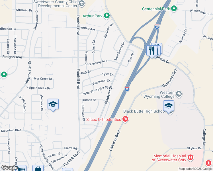 map of restaurants, bars, coffee shops, grocery stores, and more near 209 Taylor Street in Rock Springs