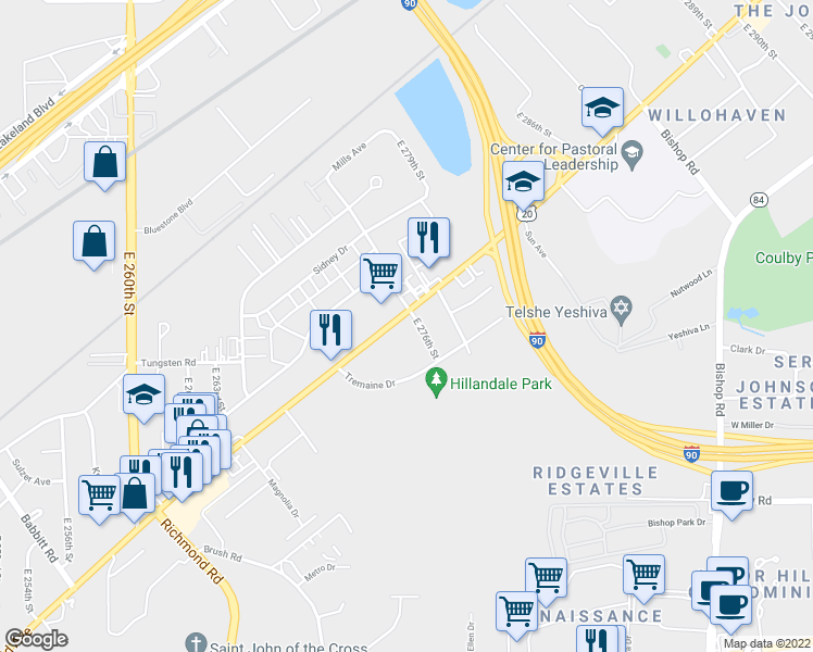 map of restaurants, bars, coffee shops, grocery stores, and more near 27580 Euclid Avenue in Euclid