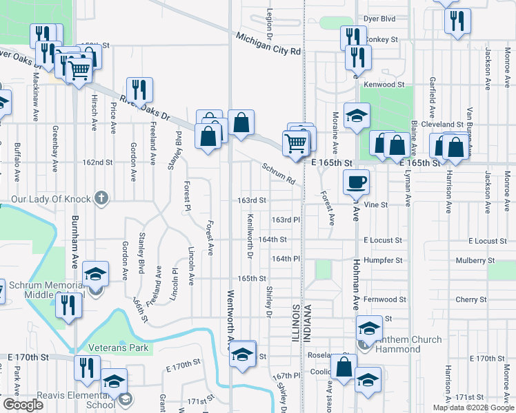map of restaurants, bars, coffee shops, grocery stores, and more near 113 163rd Street in Calumet City