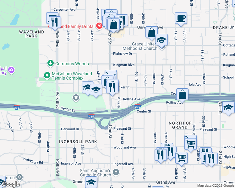 map of restaurants, bars, coffee shops, grocery stores, and more near 852 41st Street in Des Moines