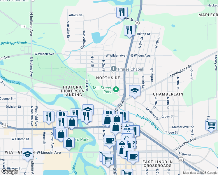 map of restaurants, bars, coffee shops, grocery stores, and more near 209 Mill Street in Goshen