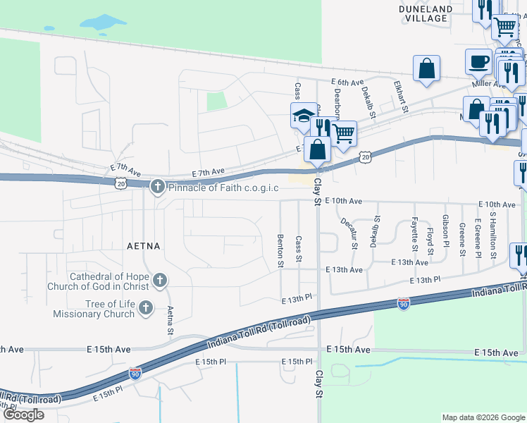 map of restaurants, bars, coffee shops, grocery stores, and more near 1030 East 11th Court in Gary