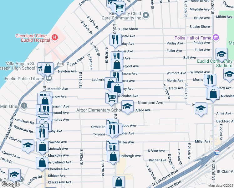 map of restaurants, bars, coffee shops, grocery stores, and more near 455 East 200th Street in Cleveland