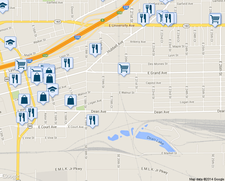 map of restaurants, bars, coffee shops, grocery stores, and more near 1926 East Walnut Street in Des Moines