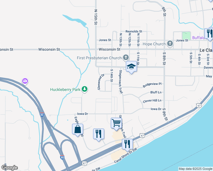map of restaurants, bars, coffee shops, grocery stores, and more near 1464 Kaylann Drive in Le Claire