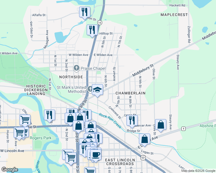 map of restaurants, bars, coffee shops, grocery stores, and more near 301 Middlebury Street in Goshen