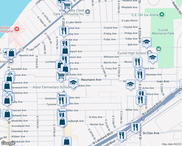 map of restaurants, bars, coffee shops, grocery stores, and more near 20771 Nicholas Avenue in Euclid