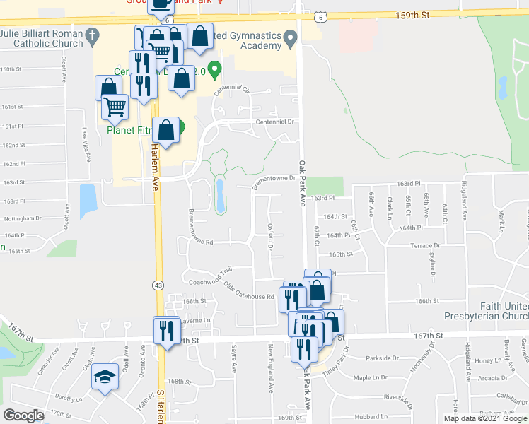 map of restaurants, bars, coffee shops, grocery stores, and more near 16336 Oxford Drive in Tinley Park
