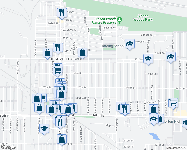 map of restaurants, bars, coffee shops, grocery stores, and more near 6608 Colorado Avenue in Hammond
