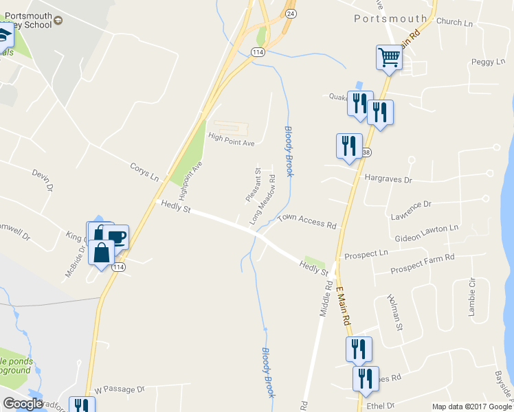 map of restaurants, bars, coffee shops, grocery stores, and more near 40 Long Meadow Road in Portsmouth