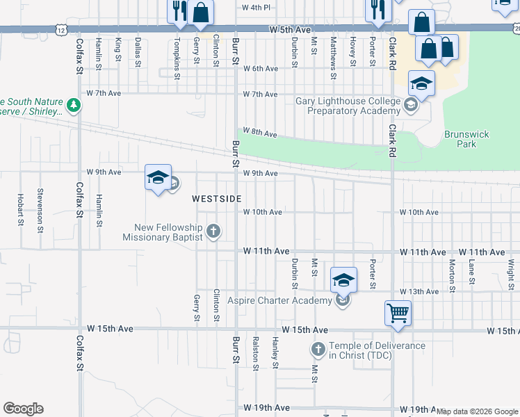 map of restaurants, bars, coffee shops, grocery stores, and more near 989 Ralston Street in Gary