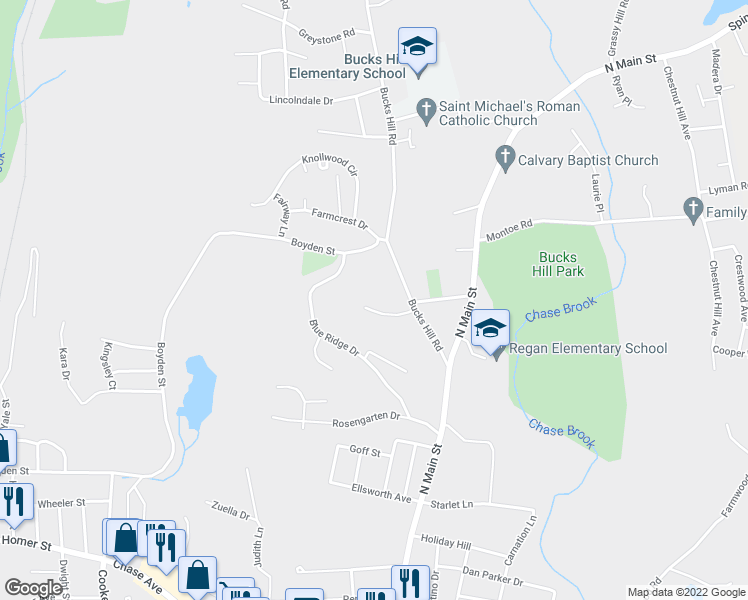 map of restaurants, bars, coffee shops, grocery stores, and more near 64 Deerwood Lane in Waterbury
