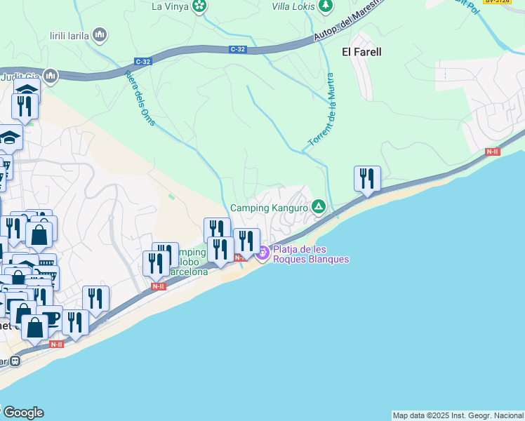 map of restaurants, bars, coffee shops, grocery stores, and more near in San Pol de Mar