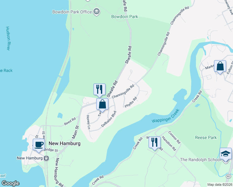 map of restaurants, bars, coffee shops, grocery stores, and more near 47 Channingville Road in Wappingers Falls