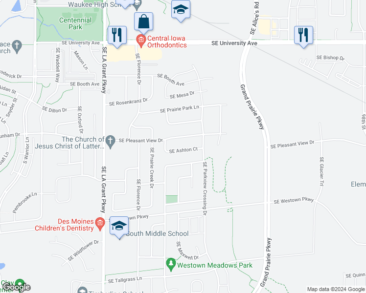 map of restaurants, bars, coffee shops, grocery stores, and more near 655 Southeast Ashton Court in Waukee
