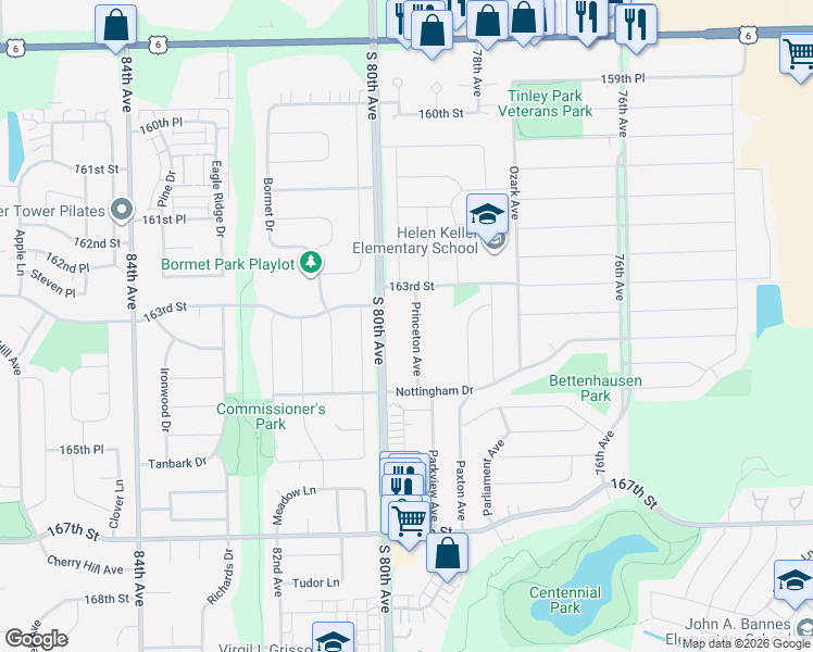 map of restaurants, bars, coffee shops, grocery stores, and more near 7969 163rd Court in Tinley Park
