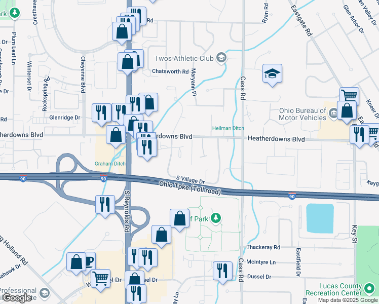 map of restaurants, bars, coffee shops, grocery stores, and more near 2540 Gardengate Pl in Toledo