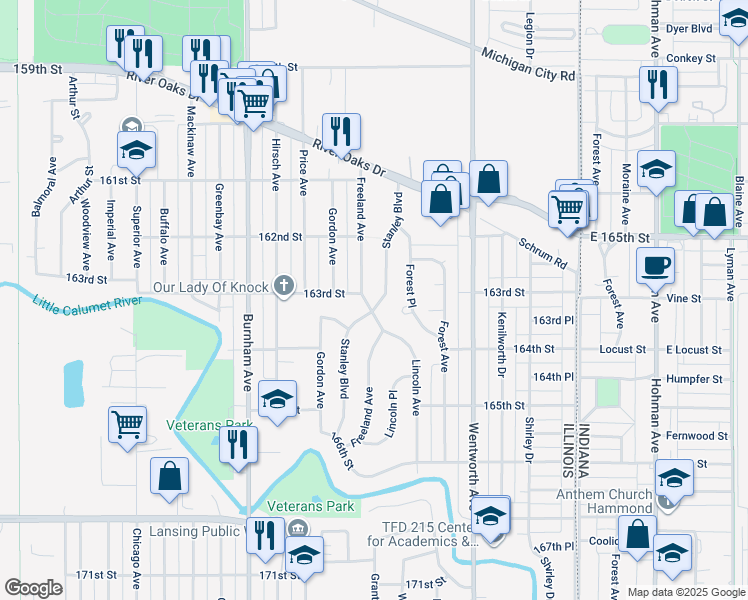 map of restaurants, bars, coffee shops, grocery stores, and more near 1410 Stanley Boulevard in Calumet City
