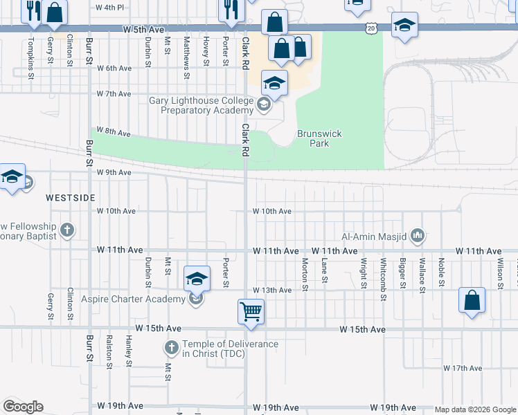 map of restaurants, bars, coffee shops, grocery stores, and more near 4508 West 10th Avenue in Gary