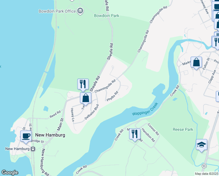map of restaurants, bars, coffee shops, grocery stores, and more near 52 Channingville Road in Wappingers Falls