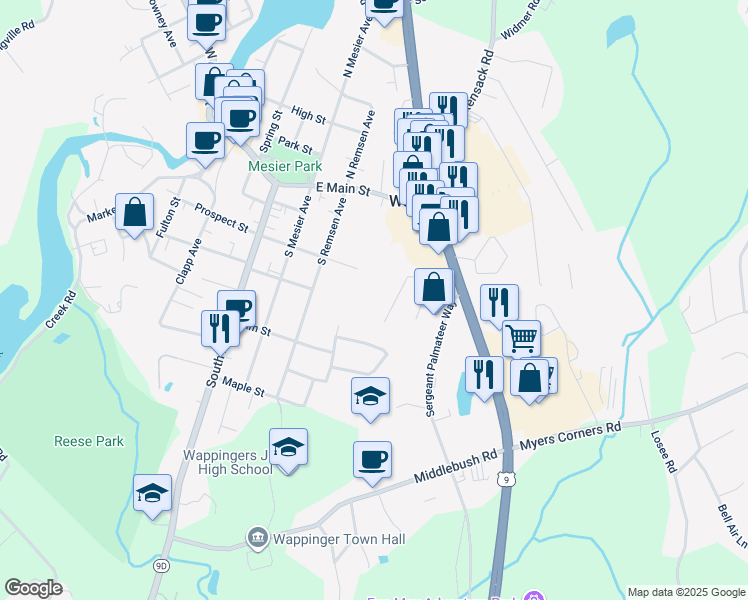 map of restaurants, bars, coffee shops, grocery stores, and more near 53 Wenliss Terrace in Wappingers Falls