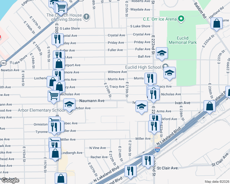 map of restaurants, bars, coffee shops, grocery stores, and more near 21201 Nicholas Avenue in Euclid
