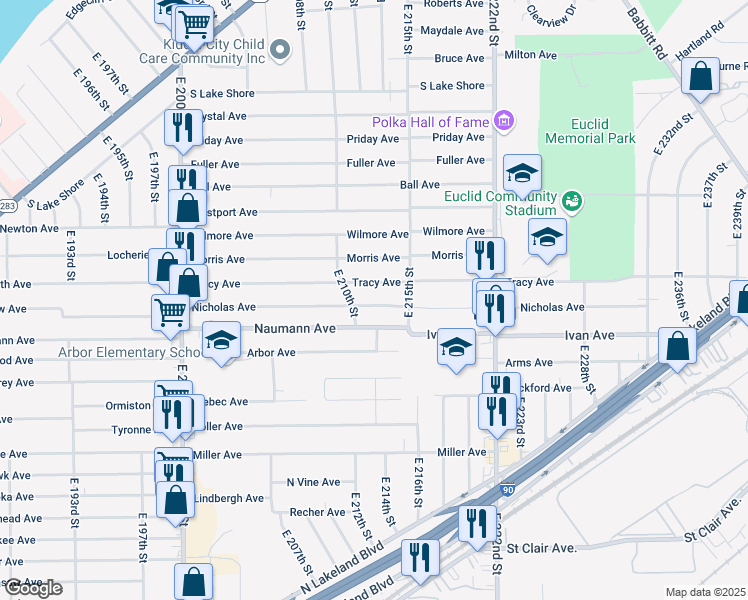 map of restaurants, bars, coffee shops, grocery stores, and more near 21201 Nicholas Avenue in Euclid