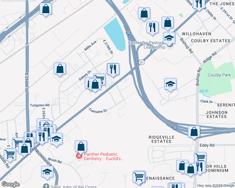 map of restaurants, bars, coffee shops, grocery stores, and more near 1654 Hillandale Dr in Euclid