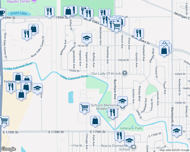 map of restaurants, bars, coffee shops, grocery stores, and more near 3068 163rd Street in Calumet City