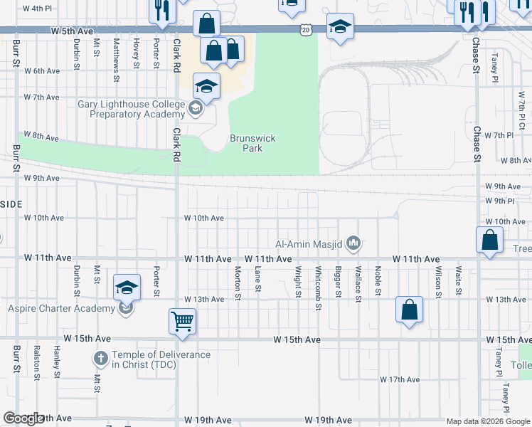 map of restaurants, bars, coffee shops, grocery stores, and more near 4120 West 10th Avenue in Gary