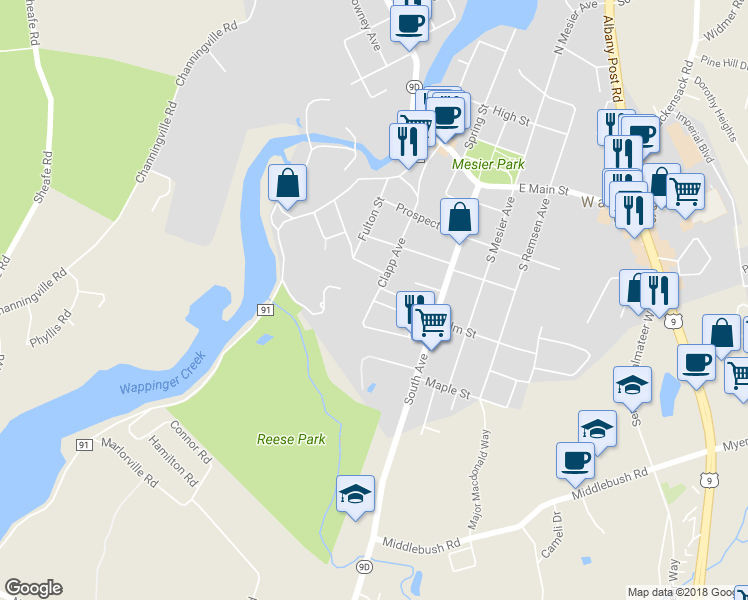 map of restaurants, bars, coffee shops, grocery stores, and more near Elm Street & Clapp Avenue in Wappingers Falls