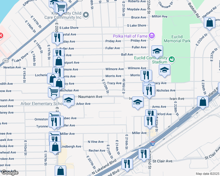 map of restaurants, bars, coffee shops, grocery stores, and more near 21201 Nicholas Avenue in Euclid