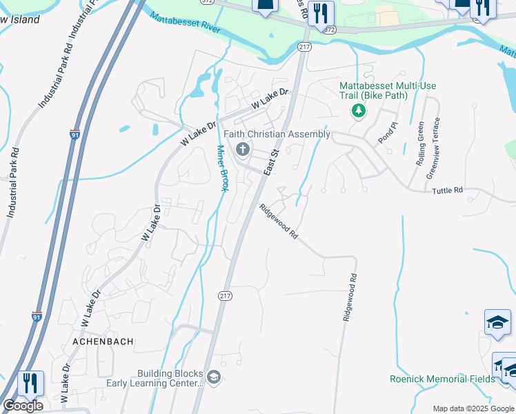 map of restaurants, bars, coffee shops, grocery stores, and more near 1187 Ridgewood Road in Middletown