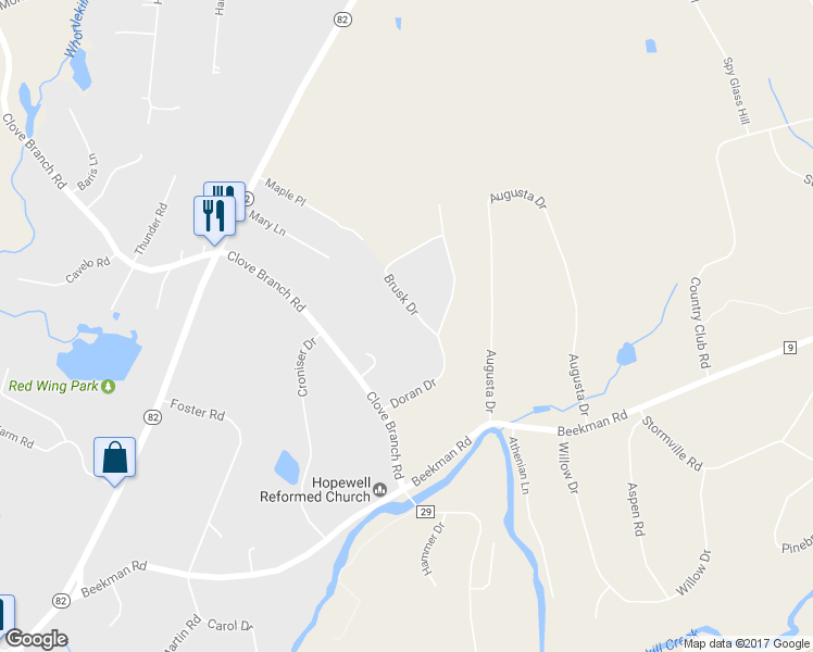 map of restaurants, bars, coffee shops, grocery stores, and more near 20 Brusk Drive in Hopewell Junction