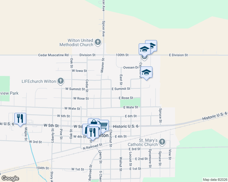 map of restaurants, bars, coffee shops, grocery stores, and more near 815 Seminary Street in Wilton