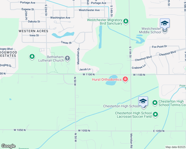 map of restaurants, bars, coffee shops, grocery stores, and more near 32 West 1100 North in Chesterton