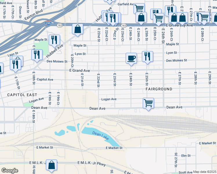 map of restaurants, bars, coffee shops, grocery stores, and more near 2228 East Walnut Street in Des Moines