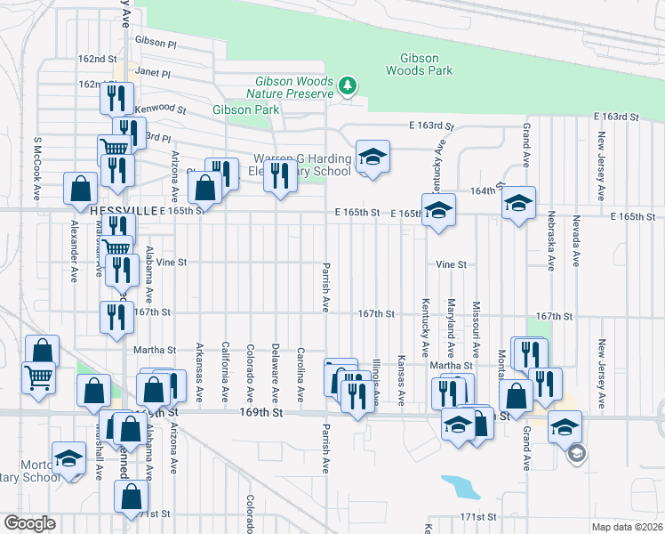map of restaurants, bars, coffee shops, grocery stores, and more near 6605 Parrish Avenue in Hammond
