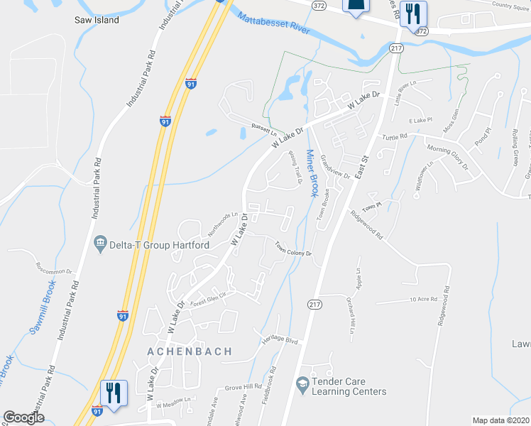 map of restaurants, bars, coffee shops, grocery stores, and more near 1-262 Ridgefield Drive in Middletown
