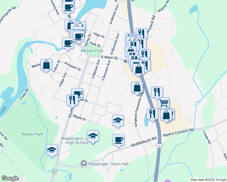 map of restaurants, bars, coffee shops, grocery stores, and more near 53 Wenliss Terrace in Wappingers Falls