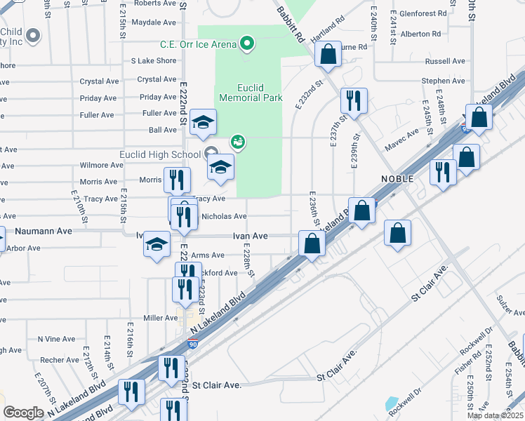 map of restaurants, bars, coffee shops, grocery stores, and more near 22951 Nicholas Avenue in Euclid