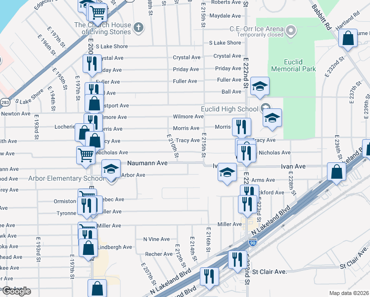 map of restaurants, bars, coffee shops, grocery stores, and more near 21201 Nicholas Avenue in Euclid