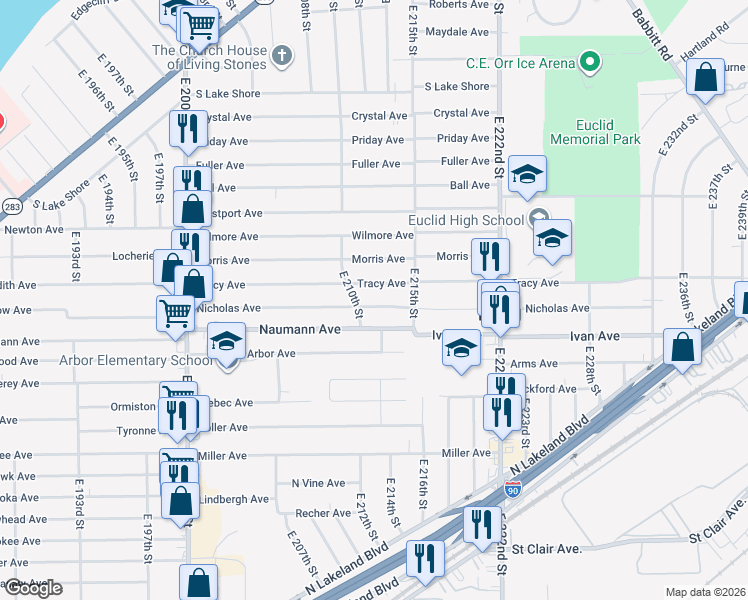 map of restaurants, bars, coffee shops, grocery stores, and more near 21201 Nicholas Avenue in Euclid