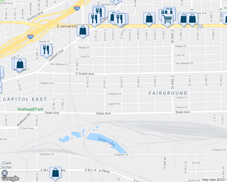 map of restaurants, bars, coffee shops, grocery stores, and more near 2228 East Walnut Street in Des Moines