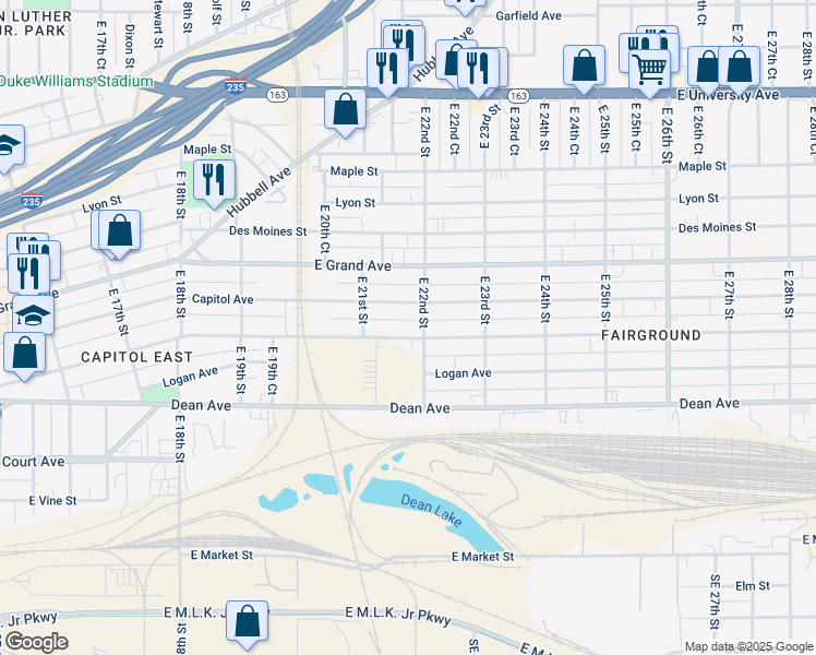 map of restaurants, bars, coffee shops, grocery stores, and more near 2200 East Walnut Street in Des Moines