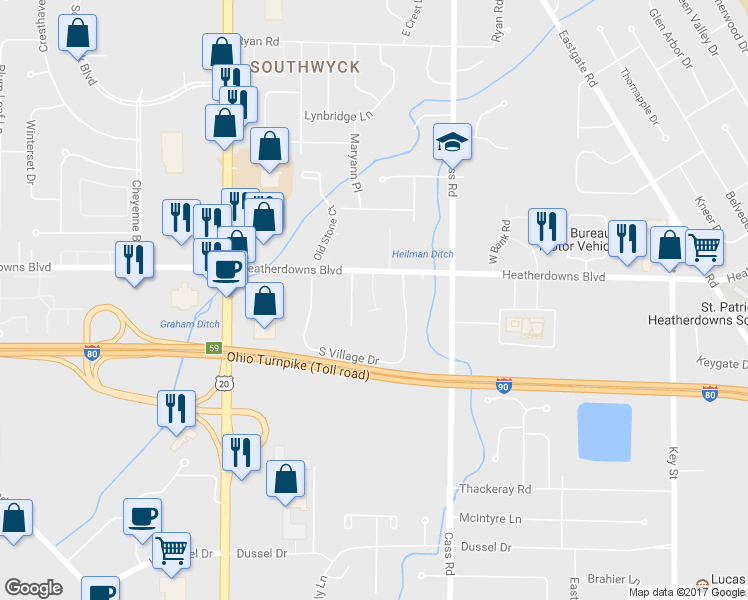 map of restaurants, bars, coffee shops, grocery stores, and more near 4923 Heatherdowns Boulevard in Toledo
