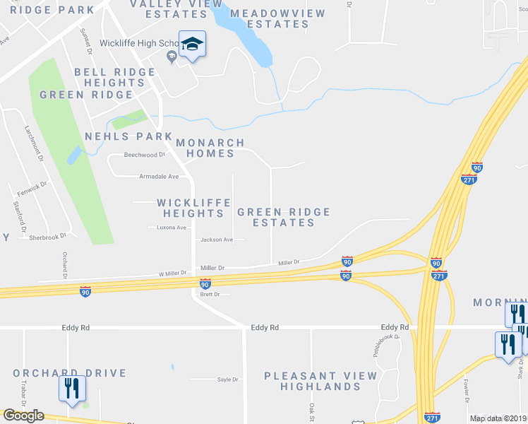 map of restaurants, bars, coffee shops, grocery stores, and more near 2566 Alan Drive in Willoughby Hills